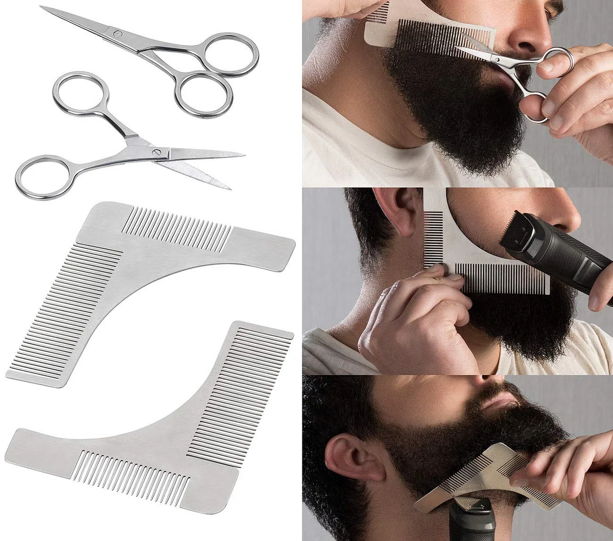 2 peignes à barbe et traceur de contours avec ciseaux [Sichler Men's Care]
