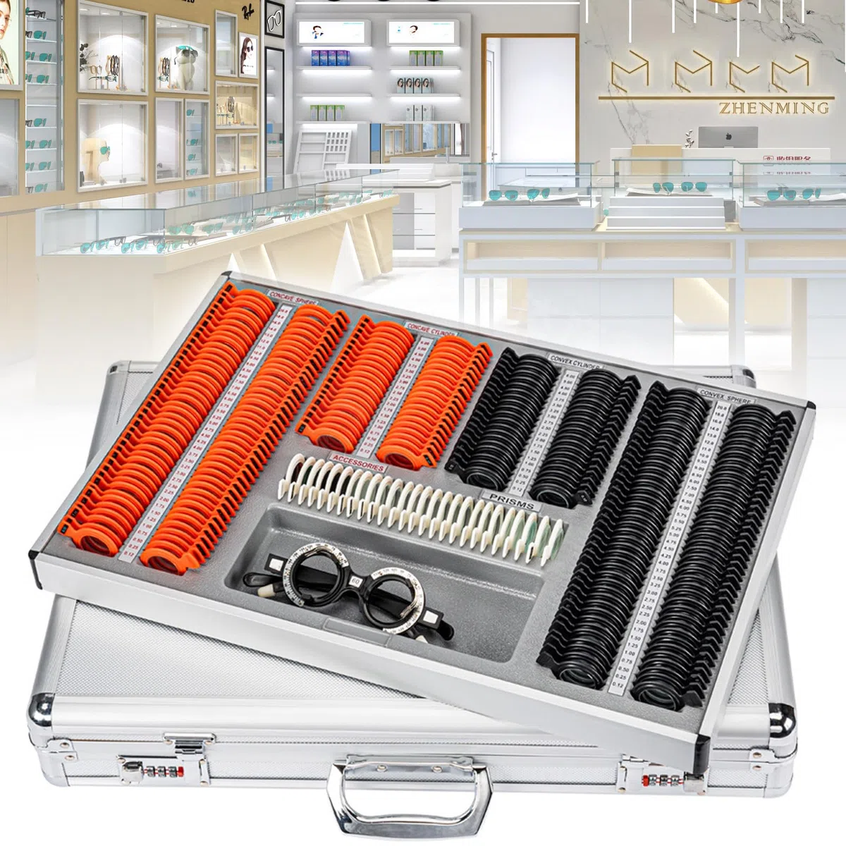 Coffret de 266 lentilles d'essai optiques en aluminium - Kit d'optométrie idéal avec accessoires gratuits pour les optométristes - Lentilles ophtalmiques à monture plastique - Monture d'essai inclus