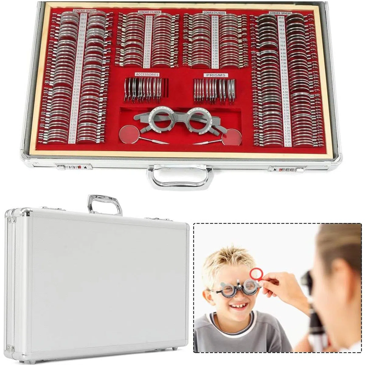 Kit de lentilles d'essai optique, 266 pièces kit d'optométrie, kit d'optométrie de lentille optique précise, kit d'optométrie à jante métallique avec cadre d'essai gratuit, cadre d'essai d'optométrie