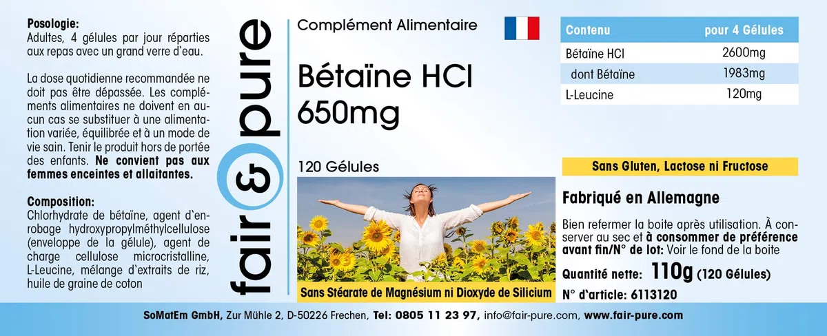 Fair & Pure® - Bétaïne HCL 650mg - végan - 120 gélules