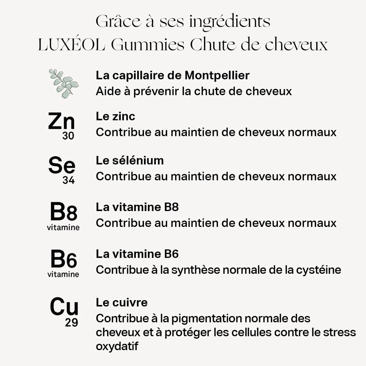 LUXÉOL - Gummies Chute Cheveux - Complément Alimentaire - Aide À Prévenir La Chute - Arômes de cassis - Sans Sucres - Fabriqué En France - Programme 1 Mois - 60 Gummies
