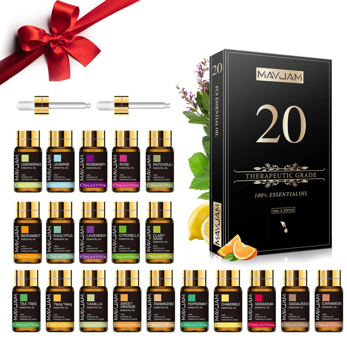 MAYJAM Coffret Huiles Essentielles 20pcs, Coffret Cadeau D'Huile Essentielle Pour Diffuseur, Humidificateur - Lavande Jasmin Eucalyptus Vanille Santal Orange Douce Rose Bergamote Et Plus