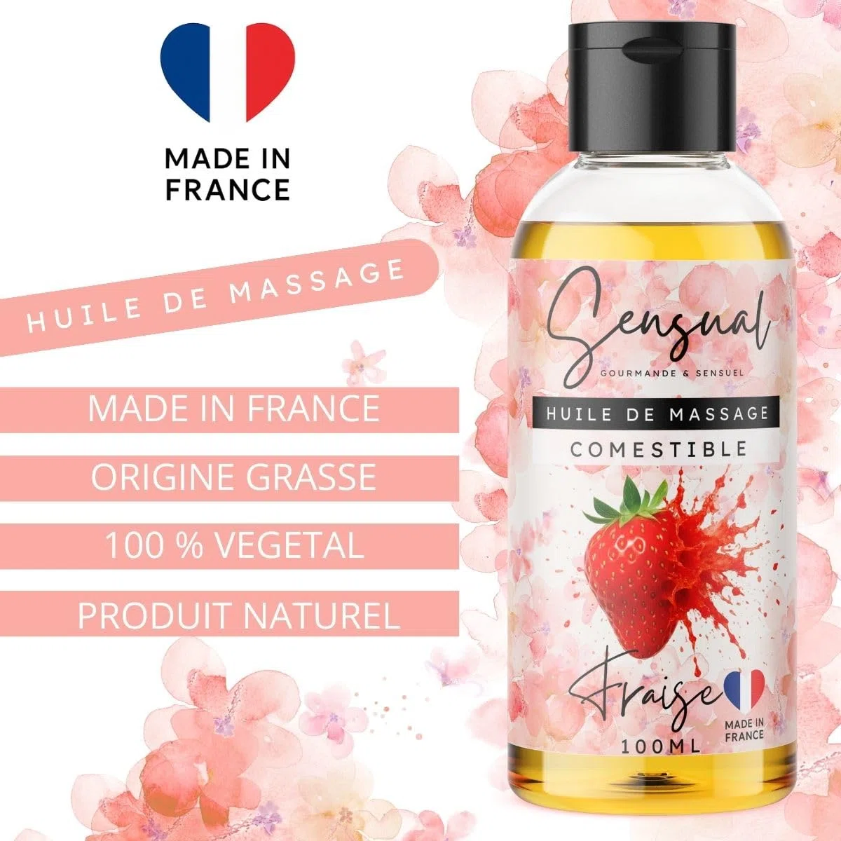 Huile de Massage Comestible Érotique Rose - Huile Massage Sensuel pour Couple - Huile Corps Relaxante Naturelle - Fabriqué en France - 100ml- Green storm