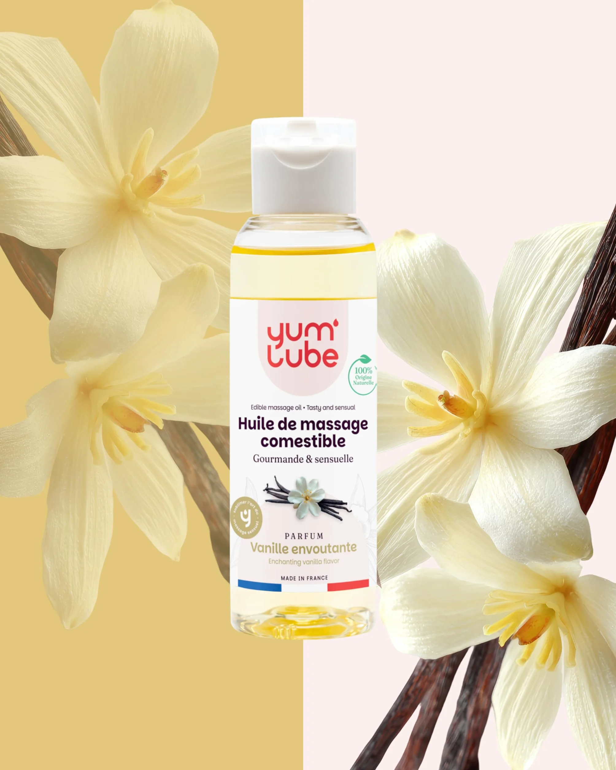 Yum'Lube | Huile de Massage Comestible Érotique Vanille - Fabriqué en France - Huile De Massage Sexuel Couple - Massages Bien-Être - Sensuel Sexuelle & Érotiques - Huiles Relaxante & Bio - 100 ML