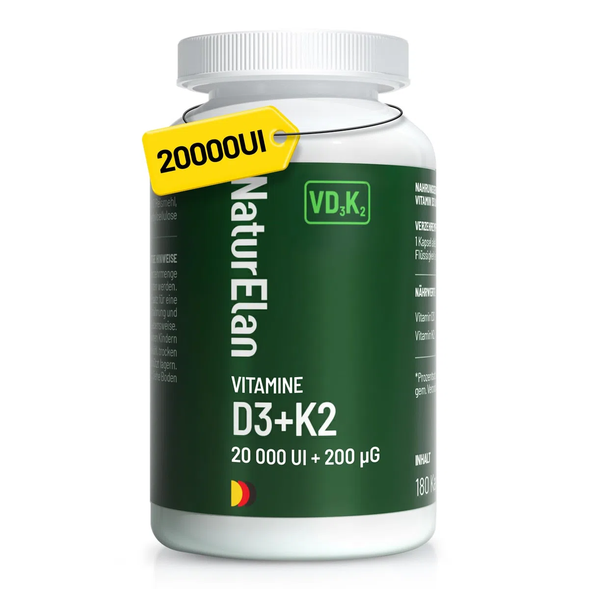 Vitamine D3 et K2, 20000 UI/j, 180 Comprimés, Approvisionnement annuel, vegetarisch, sans Stéarate de Magnésium, Fabriqué en Allemagne