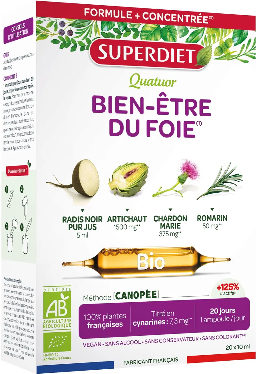 SUPERDIET – QUATUOR BIEN-ÊTRE DU FOIE BIO – Radis Noir Artichaut Chardon Marie Romarin – Fabrication française – 20 ampoules de 10 ml