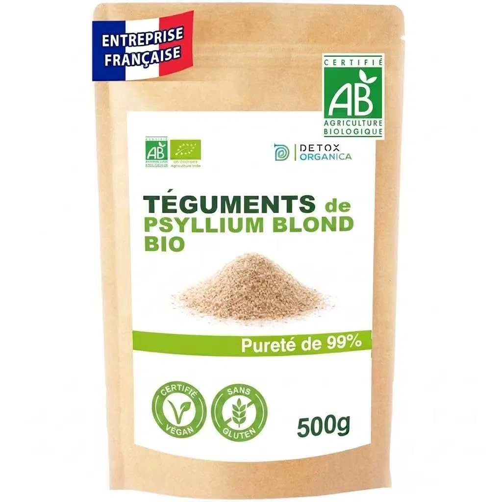 DETOX ORGANICA - Psyllium Blond Bio Téguments 500g - Psyllium 99% Pur | Riche en Fibres - Transit Intestinal & Digestion - 100% Naturel et Vegan, Qualité Premium