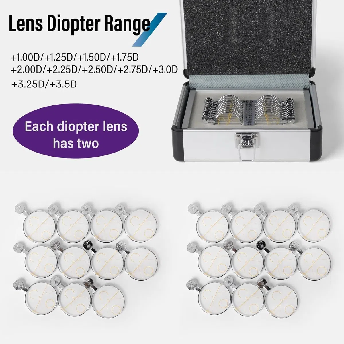 Lot de 22 lentilles d'essai optiques, lentilles progressives pour test d'acuité visuelle, verre optique de 36 mm, avec boîte de rangement en aluminium