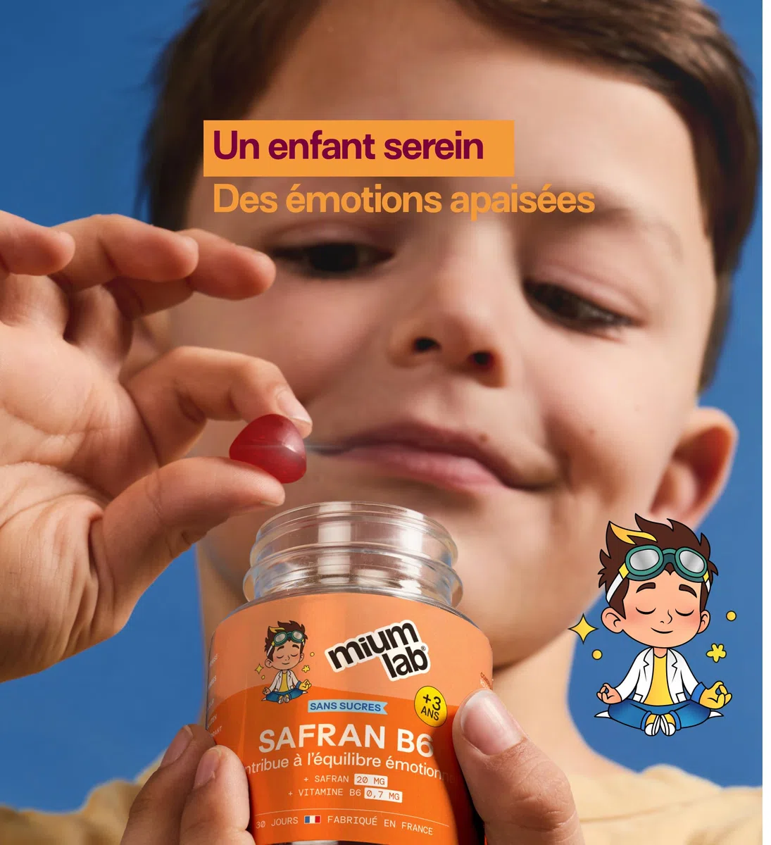 MIUMLAB - Gummies Safran Enfant Vitamine B6 – Équilibre Émotionnel & Concentration – Aide à Gérer Émotions & Agitation – Complément Alimentaire Enfant Sans Sucres – Goût Fraise validé Enfants – Dès 3