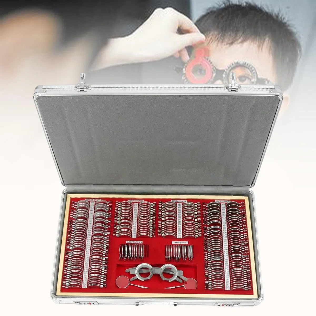 Kit de lentilles d'essai optique, 266 pièces kit d'optométrie, kit d'optométrie de lentille optique précise, kit d'optométrie à jante métallique avec cadre d'essai gratuit, cadre d'essai d'optométrie