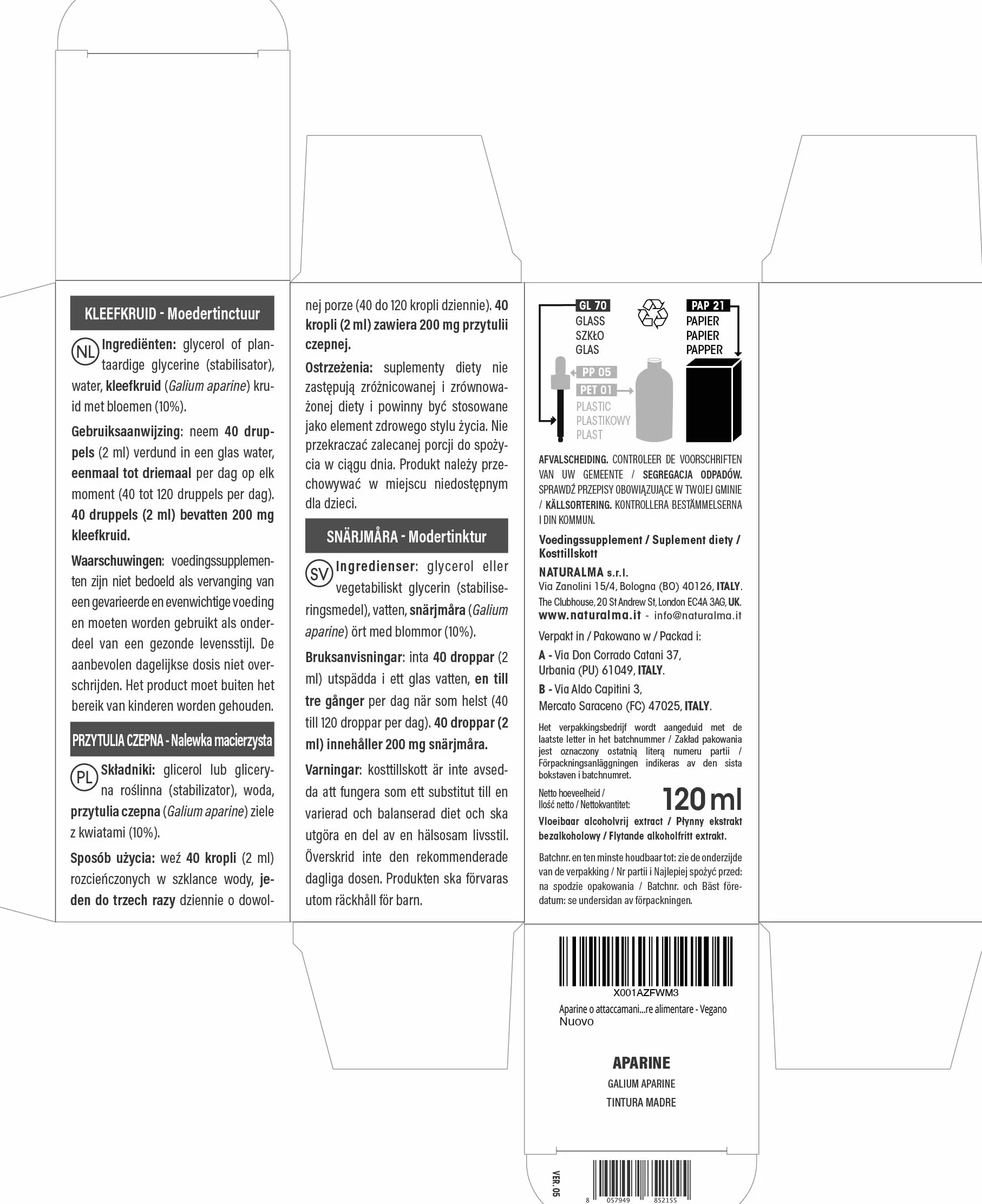 Gaillet gratteron (Galium aparine) herbe avec fleurs Teinture Mère sans alcool Naturalma - Extrait liquide gouttes 120 ml - Complément alimentaire - Végétalien ou végan
