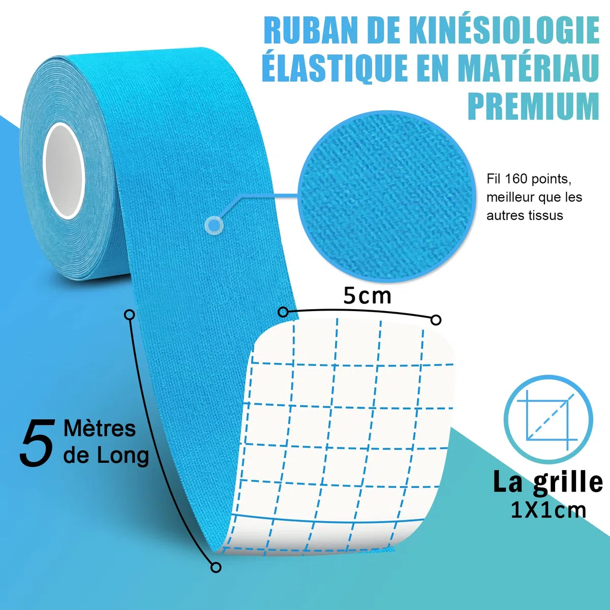Kinesiotape,Strap Body Tape Bandes de Kinésiologie 5m x 5cm Soutien musculaire Soulager la douleur Ruban Adhésif Résistant à l'eau | Optimal pour le Sport