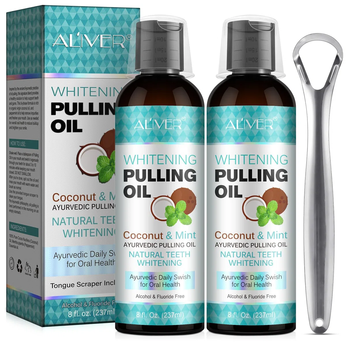 Mint Oil Pulling Bain de bouche avec gratte-langue – Pull naturel à l'huile de noix de coco pour le blanchiment des dents, l'haleine fraîche, le blanchiment des dents et des gencives plus (474ml2pack)