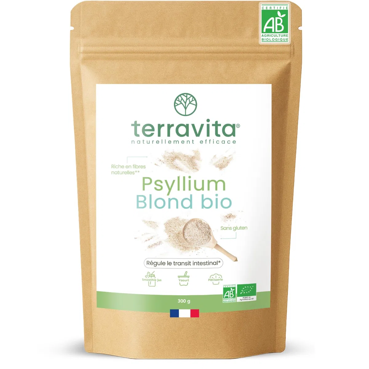PSYLLIUM Blond BIO | Téguments Husk Purs à 99% | Fibres Douces Naturelles pour Digestion et Transit | Riche en Mucilages pour une Efficacité Optimale | Made in France | 300g | Terravita