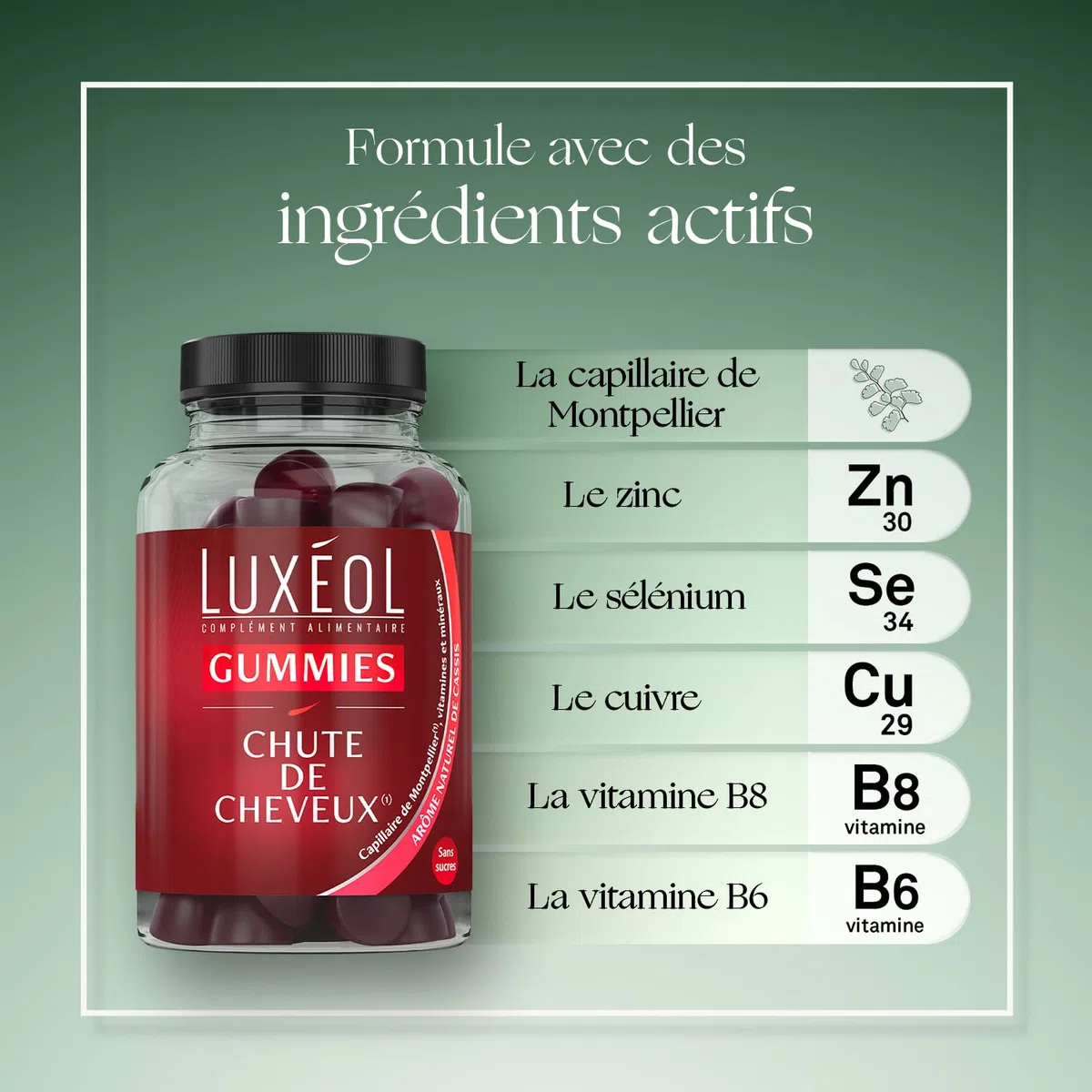 LUXÉOL - Gummies Chute Cheveux - Complément Alimentaire - Aide À Prévenir La Chute - Arômes de cassis - Sans Sucres - Fabriqué En France - Programme 1 Mois - 60 Gummies