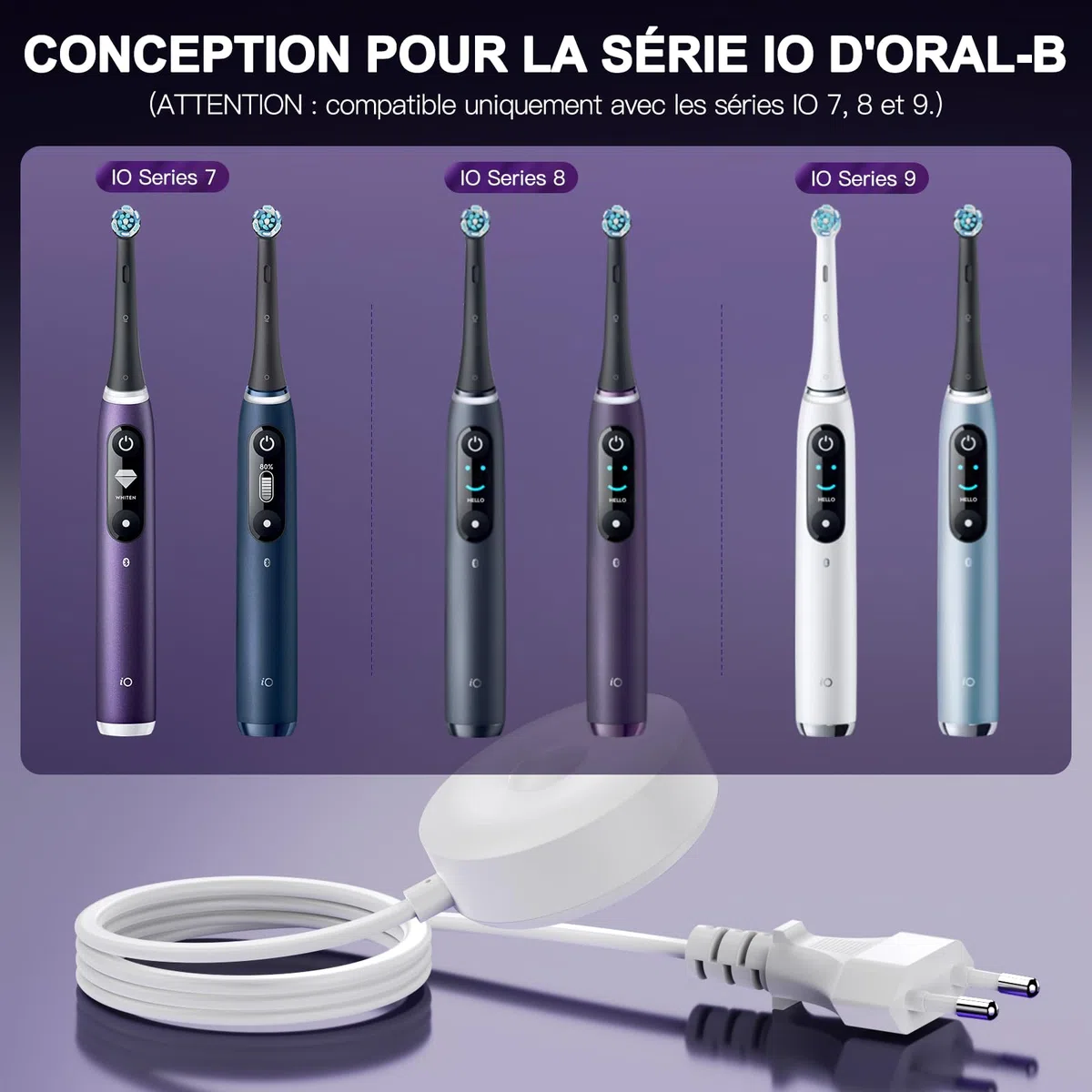 Chargeur Magnétique pour Oral B Brosse à dent Électrique iO7 iO8 iO9, la Base de Chargement la Station de Charge Modèle 3768 Compatible avec Oral B IO Séries 7 Séries 8 Séries 9, 1.2M Blanc