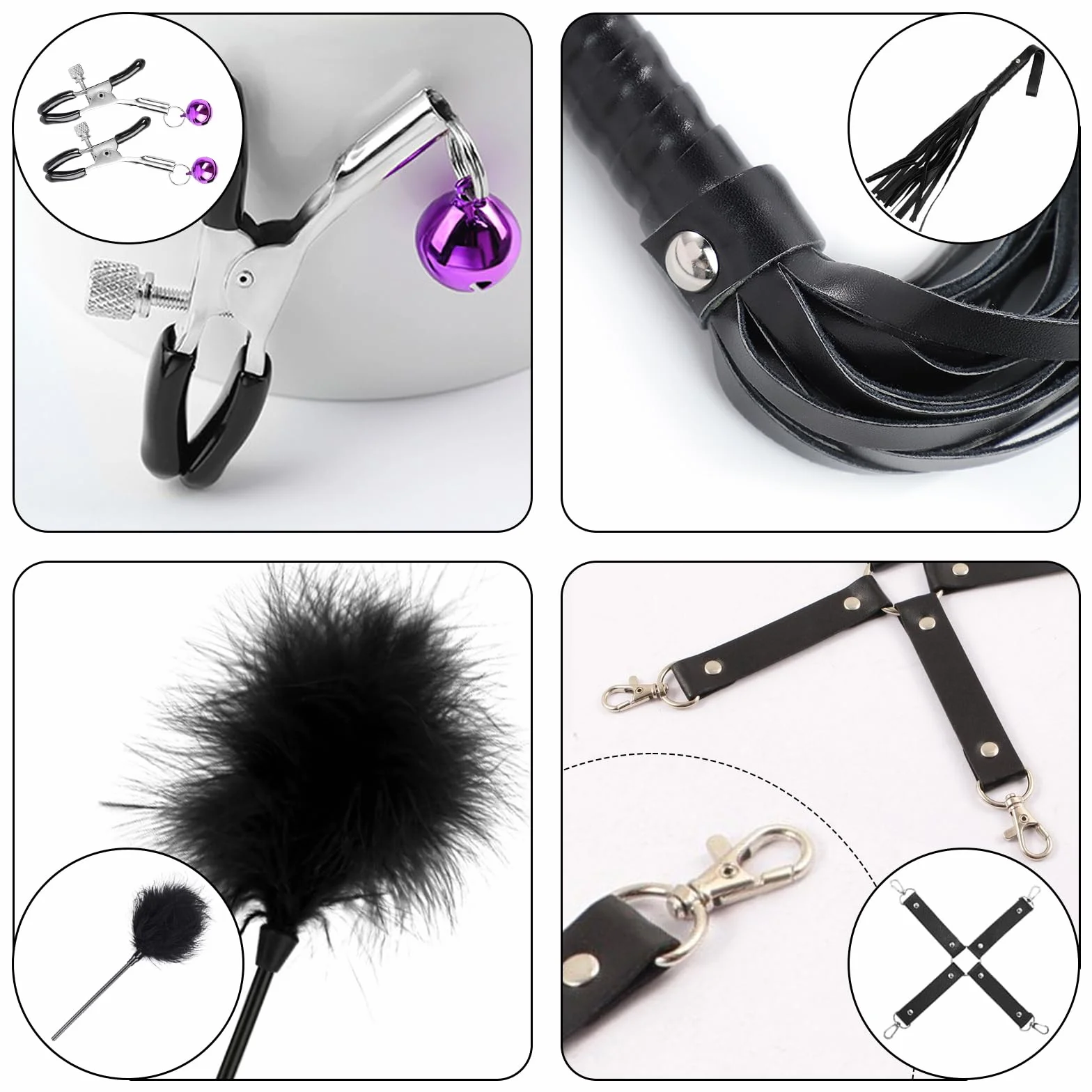 11 Pièces Menottes Sexy Érotique, Accessoires BDSM Sexuelle Adulte pour Couple, Kit de Jeu Sexuel Adulte avec Menotte, Fouet, Laisse, Pinces à seins