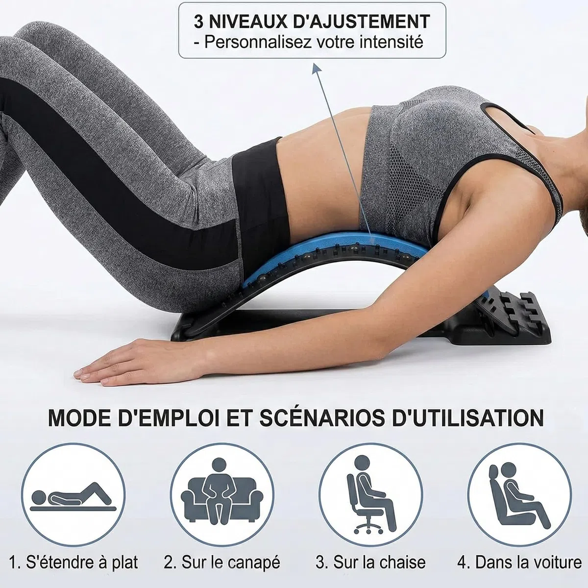 Appareil d'Étirement du Dos et Cervicales - Civière Dorsale avec 88 Points d'Acupression, 3 Niveaux - Correcteur de Posture et Support Lombaire pour Chaise de Bureau, Soulagement Douleurs