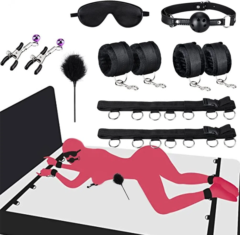 Qoosea Kits de Bondage 7 Pièces SM Set Sextoyse Couple Plaisir BDSM Parfait pour Les Débutants, Ensemble de Jouets Sexuels Menottes Masque pour Les Yeux Laisse Pour Couple