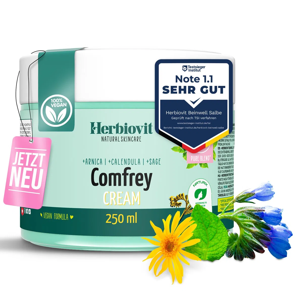 Pommade Consoude pour les douleurs Articulaires, Tendineuses et Musculaires - 250 ml - Hautement dosée avec arnica - Sauge et romarin - vegan cosmétiques naturels