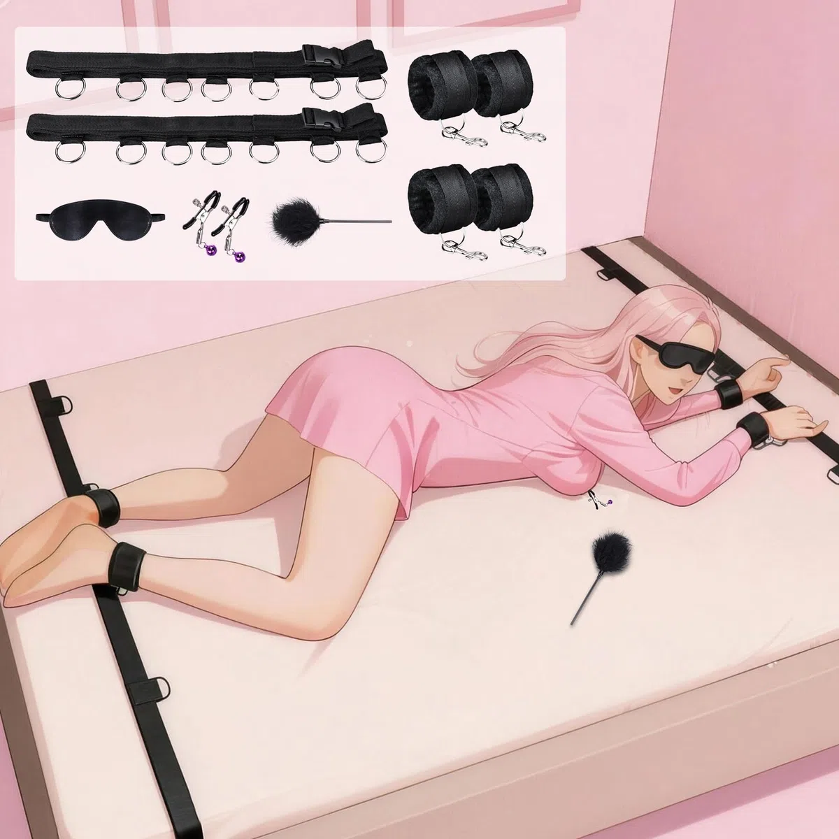 Kits de Bondage Kit de Contention au lit Ensemble d'accessoires de Bondage de 11 Pièces Jeux Sexuels BDSM pour Couples avec Entraves pour Poignets et Chevilles Menottes Sexy