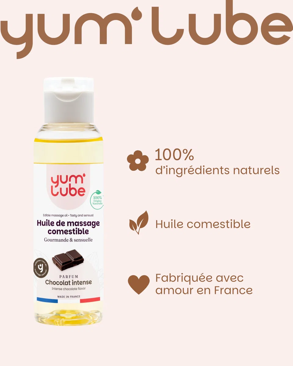 Yum'Lube | Huile de Massage Comestible Érotique Chocolat - Fabriqué en France - Huile De Massage Sexuel Couple - Massages Bien-Être - Sensuel Sexuelle & Érotiques - Huiles Relaxante & Bio - 100 ML