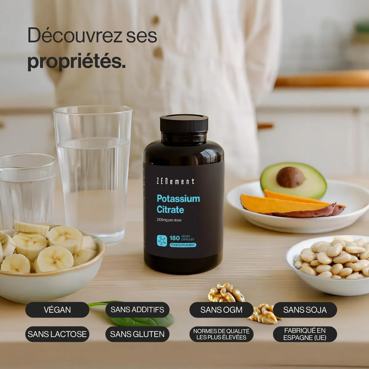 Citrate de Potassium 2105 mg par Dose (800 mg de Potassium Élémentaire en 2 gélules) – 180 Gélules pour 3 Mois – Soutien Musculaire, Nerveux et Tension Artérielle – Vegan et Sans Additifs – Zenement
