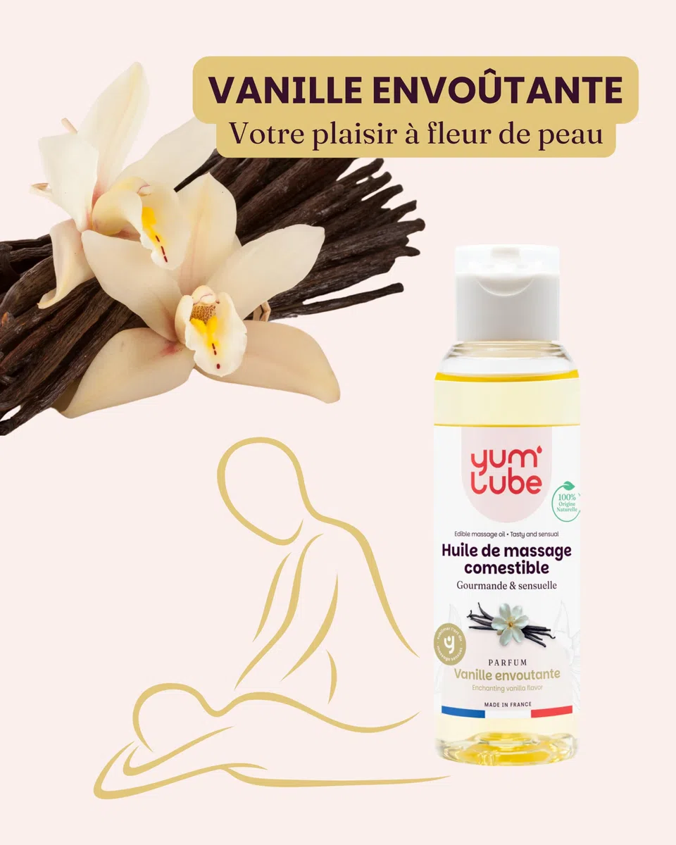 Yum'Lube | Huile de Massage Comestible Érotique Vanille - Fabriqué en France - Huile De Massage Sexuel Couple - Massages Bien-Être - Sensuel Sexuelle & Érotiques - Huiles Relaxante & Bio - 100 ML