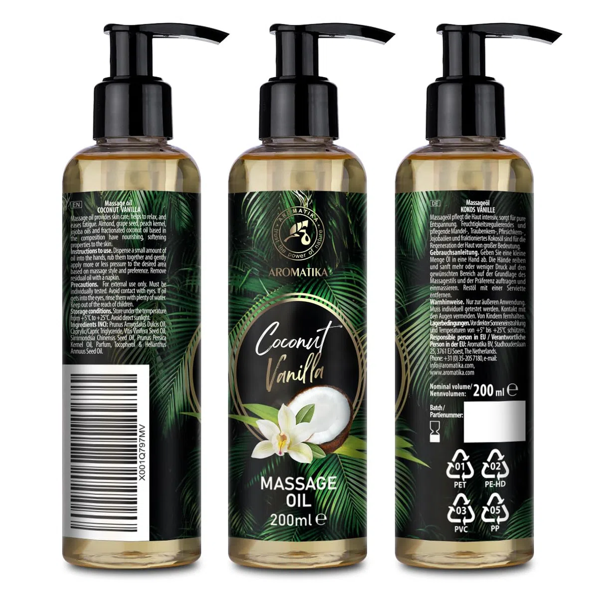 Huile de Massage Coco Vanille 200 ml - Amande, Pépins de Raisin, Jojoba, Pêche - Soin Corps Relaxant - Texture Douce