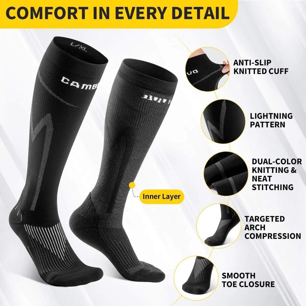 CAMBIVO Bas de Contention Femme Homme 2 Paires, Chaussettes de Contention 20-30mmHg, Chaussettes de Compression Classe 2, Compression Socks pour Circulation Sanguine, Voyage Avion, Sport, Running, Gym