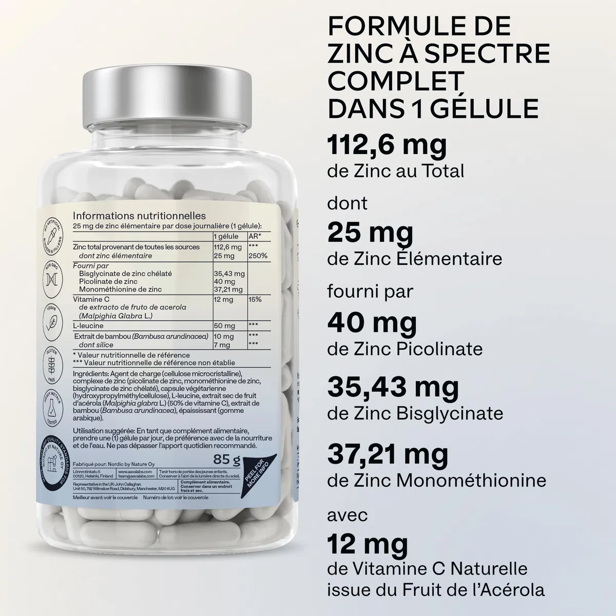 Zinc 25mg + Vitamine C - 3 Formes: Zinc Bisglycinate, Picolinate, Monomethionine Triple Zn Complement Alimentaire Haute Puissance Formule à Spectre Complet - 180 Gelules