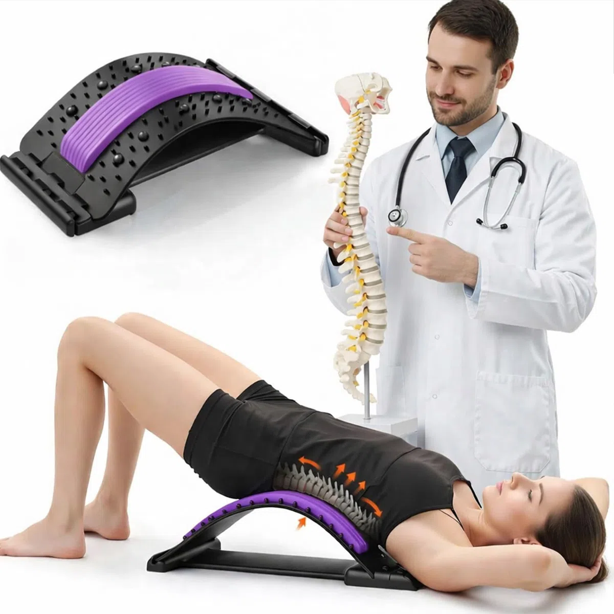 Appareil d'Étirement du Dos et Cervicales - Civière Dorsale avec 88 Points d'Acupression, 3 Niveaux - Correcteur de Posture et Support Lombaire pour Chaise de Bureau, Soulagement Douleurs