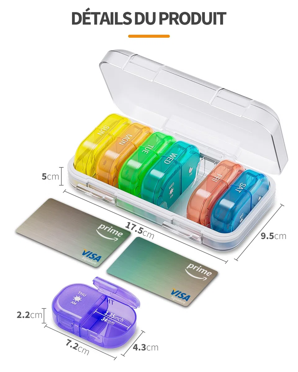 ONTERATE Pilulier Hebdomadaire 2 Fois par Jour, Boîte à Pilules AM PM Matin Soir 7 Jours, Pilulier Portable et étanche à L'humidité, 14 Compartiments, Pilulier de Voyage pour Vitamines (Coloré)