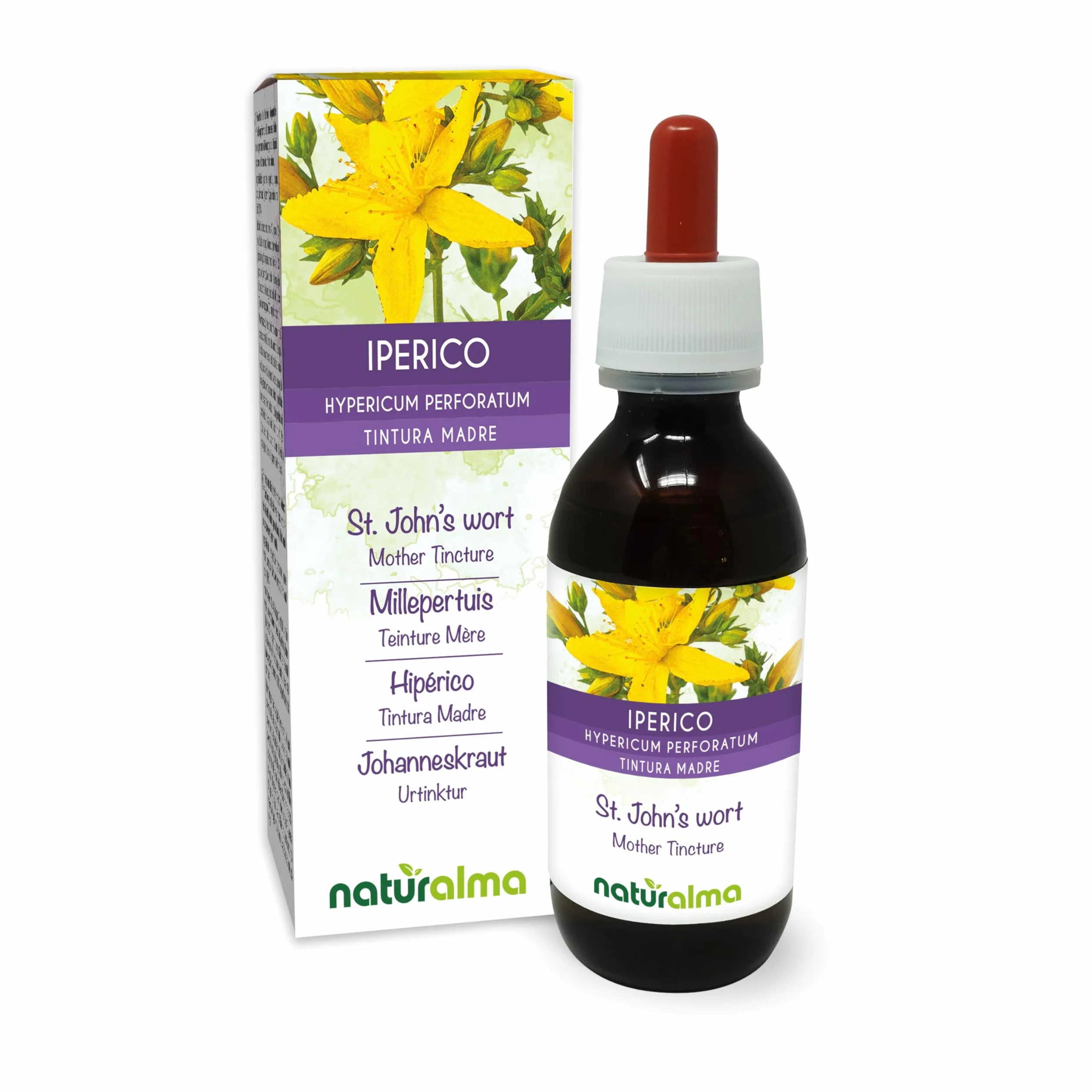 Millepertuis perforé ou Herbe de Saint-Jean (Hypericum perforatum) herbe avec fleurs Teinture Mère sans alcool Naturalma - Extrait liquide gouttes 120 ml - Complément alimentaire - Végétalien ou végan