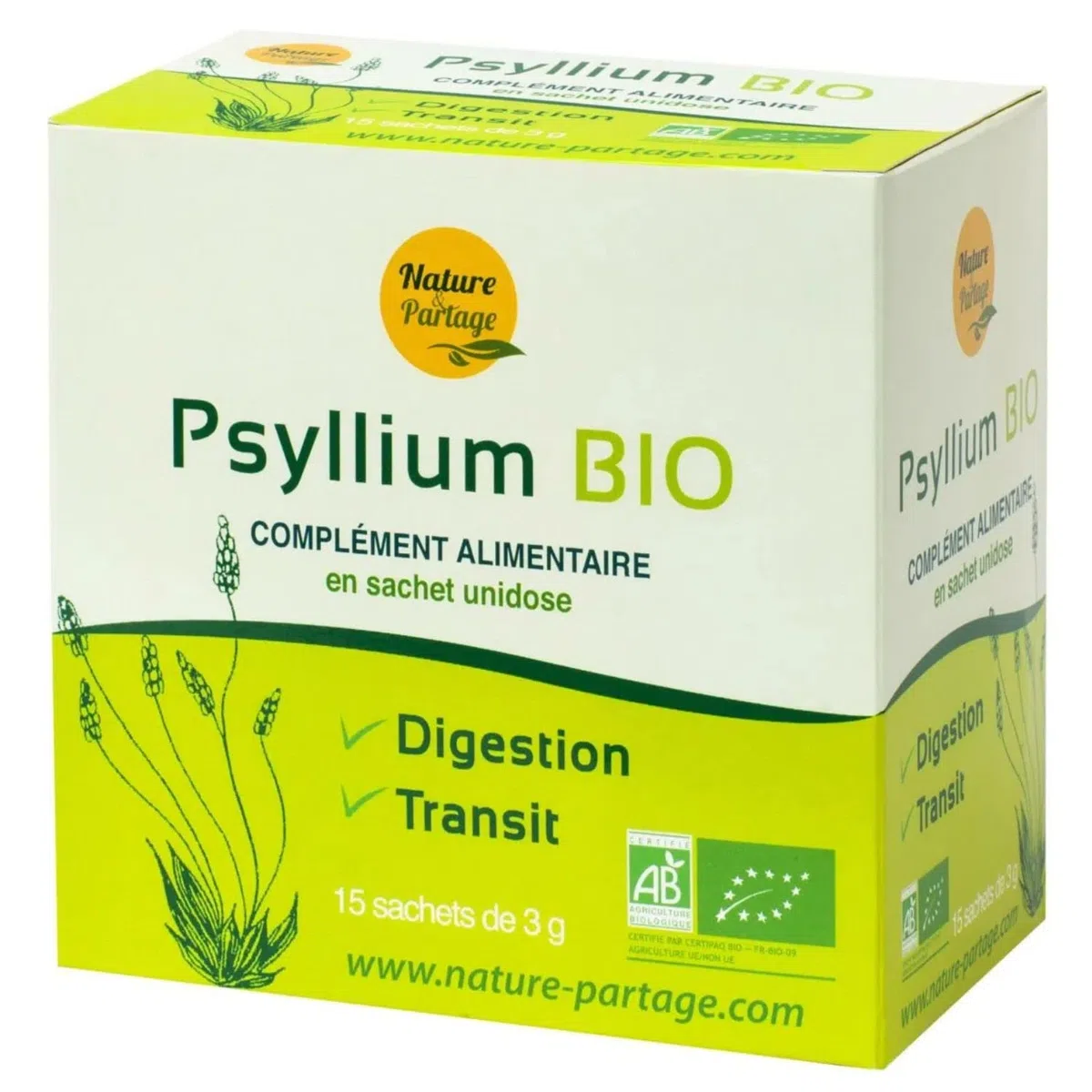 Nature Et Partage - Psyllium Blond Bio en Sachet (15 x 3 gr) | Fibre Naturelle, Pour une Digestion Saine