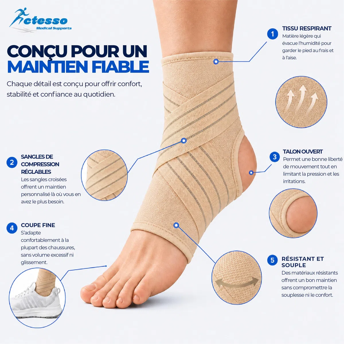 Actesso Chevillère Entorse et Maintien – Attelle Cheville avec Sangle pour Soulagement, Blessures, Prévention et Sport | Protège Cheville pour Homme et Femme | Pied Droit ou Gauche (Beige, M)