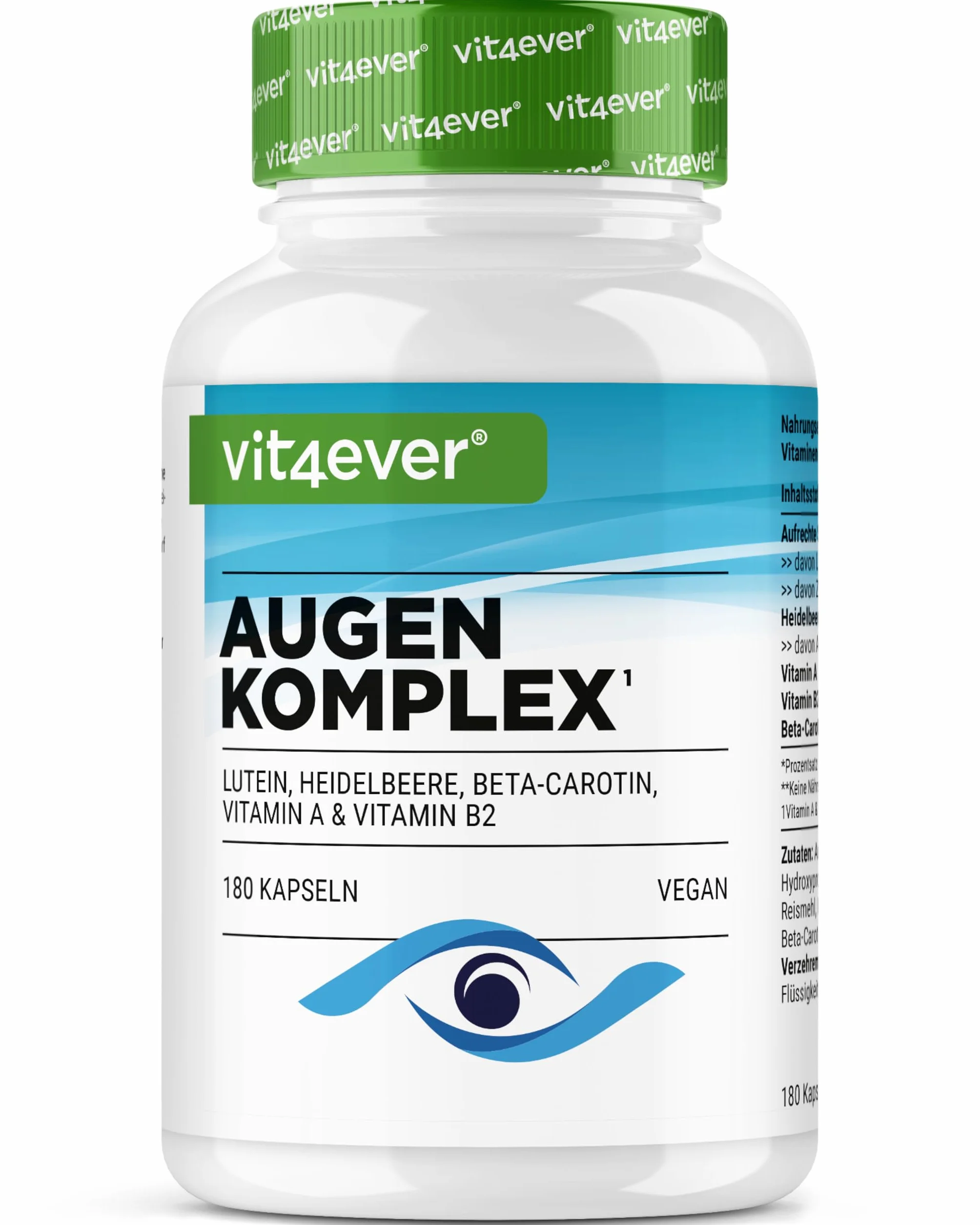 Complexe de Vitamines pour les Yeux - 180 Gélules pour 6 Mois, avec Lutéine, Zéaxanthine, Extrait de Myrtille, Bêta-Carotène, Vitamine A et Vitamine B2 - Végan, Hautement Dosé, sans Additifs Inutiles