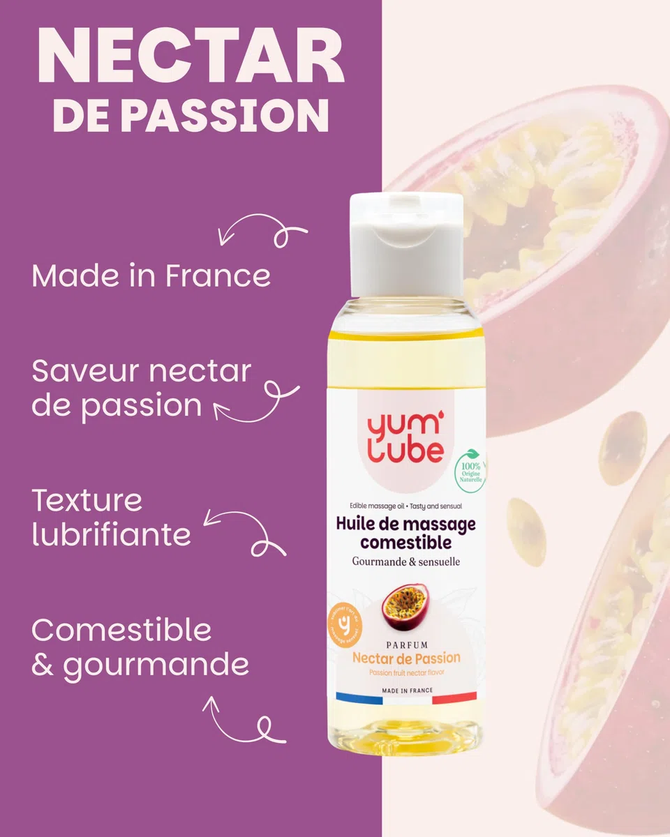 Yum'Lube | Huile de Massage Comestible Érotique Fruits de la Passion - Fabriqué en France - Huile De Massage Sexuel Couple - Massages Bien-Être - Sensuel Sexuelle & Érotiques - Huiles Relaxante & Bio