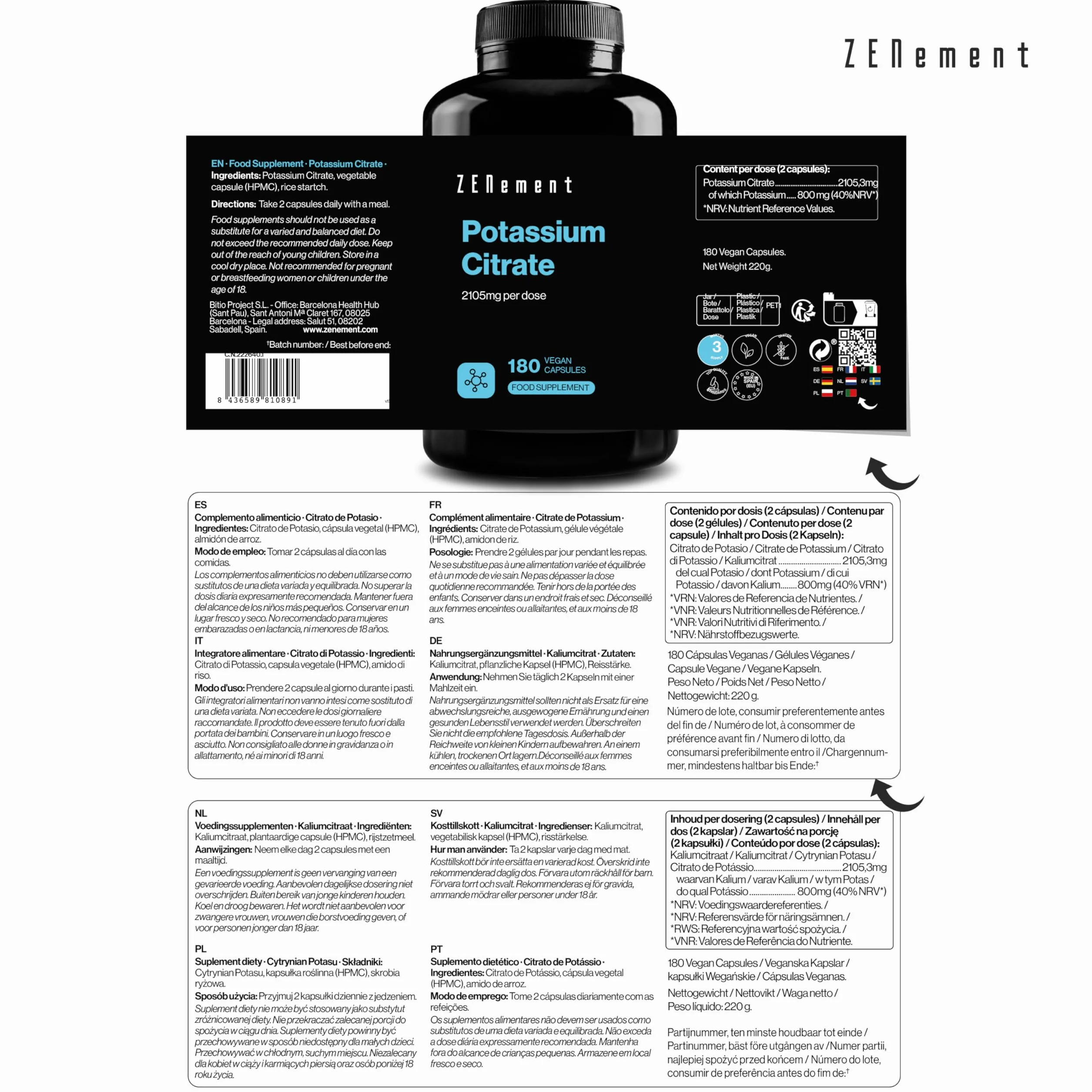 Citrate de Potassium 2105 mg par Dose (800 mg de Potassium Élémentaire en 2 gélules) – 180 Gélules pour 3 Mois – Soutien Musculaire, Nerveux et Tension Artérielle – Vegan et Sans Additifs – Zenement