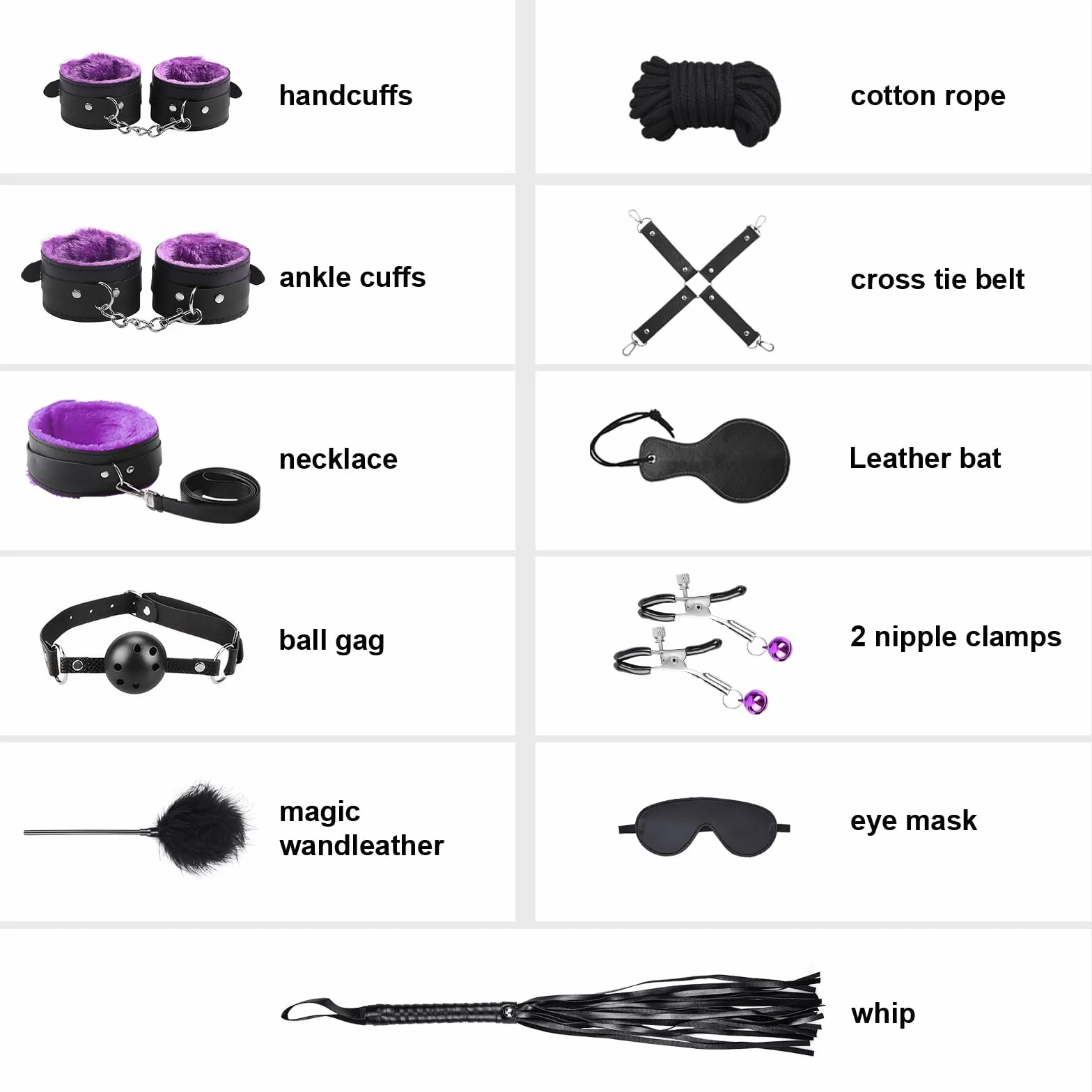 11 Pièces Menottes Sexy Érotique, Accessoires BDSM Sexuelle Adulte pour Couple, Kit de Jeu Sexuel Adulte avec Menotte, Fouet, Laisse, Pinces à seins