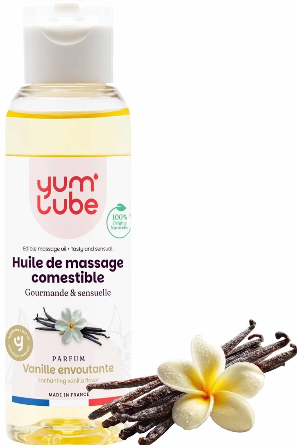 Yum'Lube | Huile de Massage Comestible Érotique Vanille - Fabriqué en France - Huile De Massage Sexuel Couple - Massages Bien-Être - Sensuel Sexuelle & Érotiques - Huiles Relaxante & Bio - 100 ML