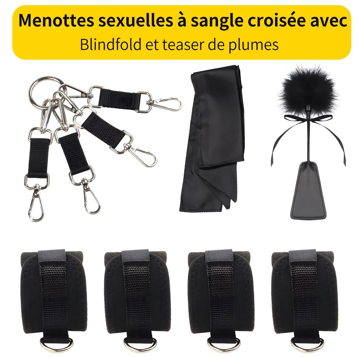 BDSM Sex Toys Divers Accessoires de Menottes du Poignet à la Cheville avec Harnais, Sexuelle Adulte Couple Équipement de Bondage Réglable,Outils avec Bandeau et Pagaie de Culture Tickler SM Games
