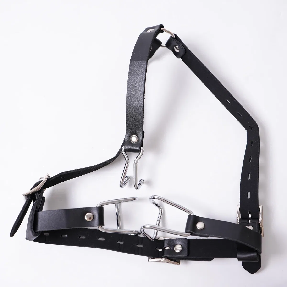 Bouche Ouverte Gag Restraint Tête en Cuir Harnais Crochet de nez avec Bouche en Métal Anneau Agrandissant Set Bondage Fétiche Bâillon en Cuir Réglable Erotique Sex Toys