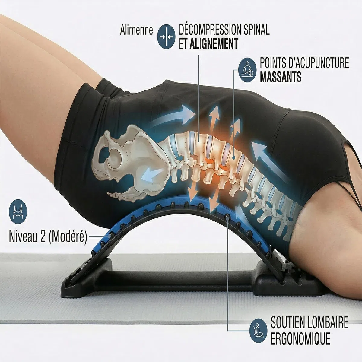 Appareil d'Étirement du Dos et Cervicales - Civière Dorsale avec 88 Points d'Acupression, 3 Niveaux - Correcteur de Posture et Support Lombaire pour Chaise de Bureau, Soulagement Douleurs