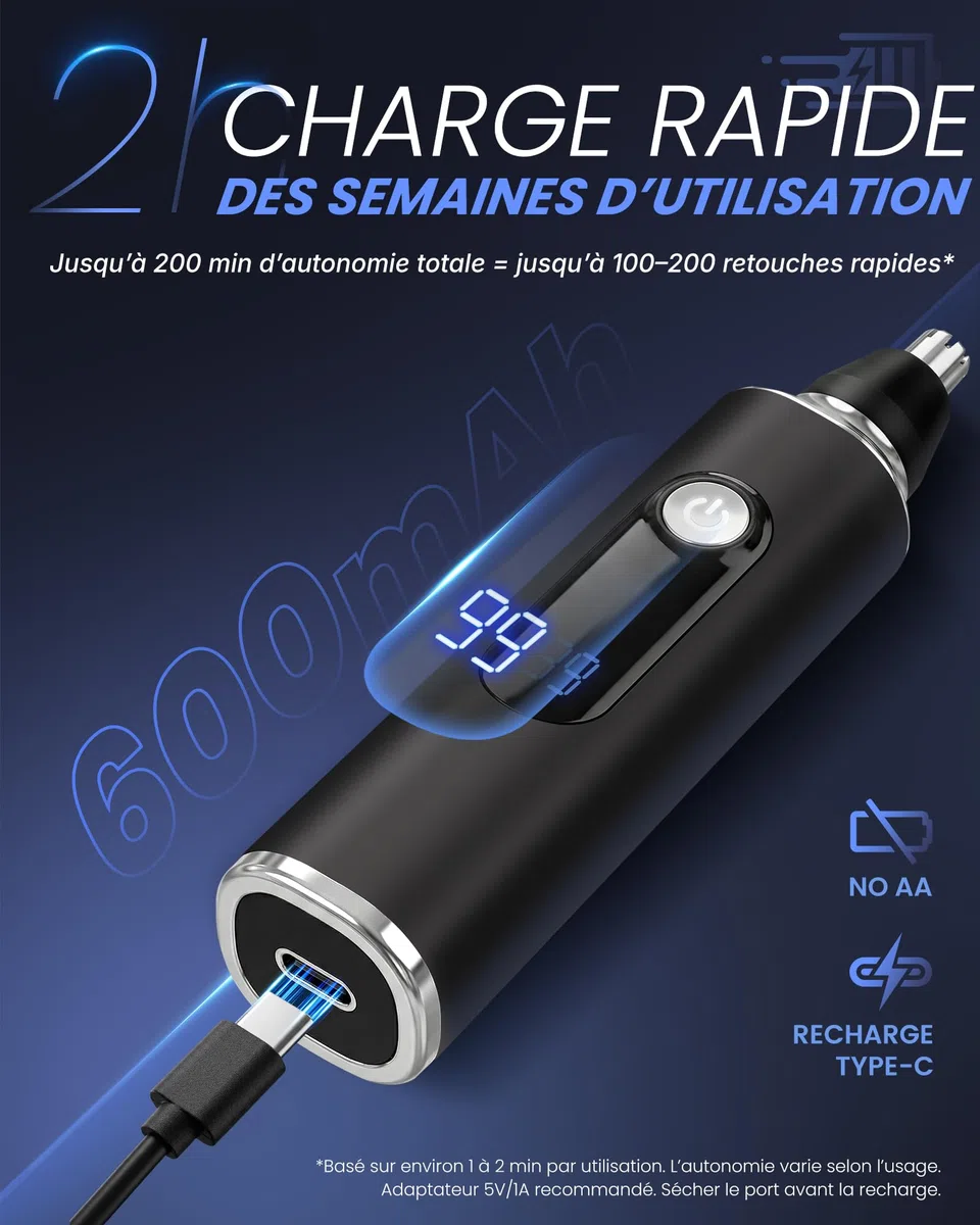 Tondeuse Nez Oreilles Homme & Femme, Rasoir Nezs Rechargeable, Coupe Poils Nez et Oreilles, Tondeuse Poil de Nez Tête Arrondie, Épilateur Nez Précision, LED Display, IPX7