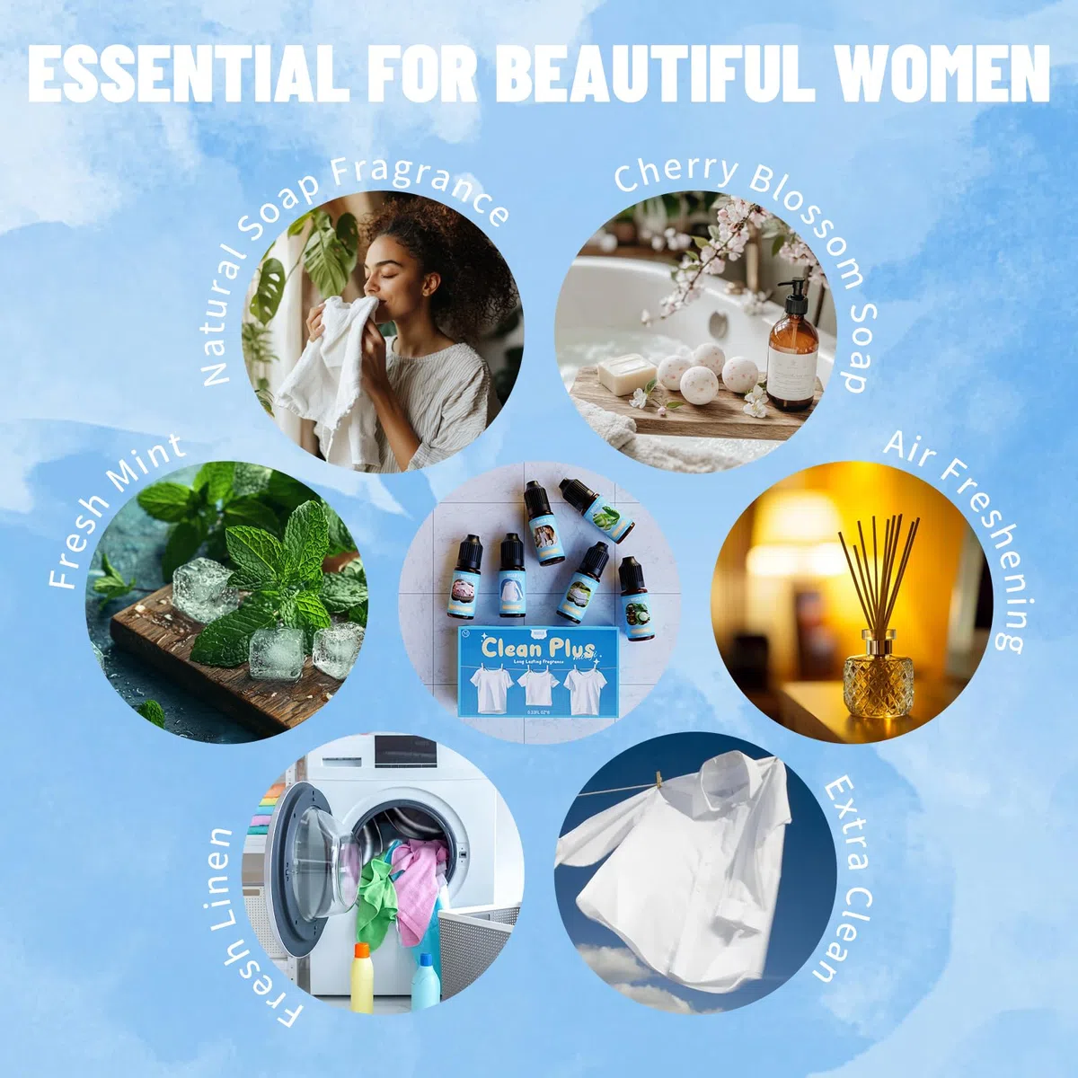 Clean Plus Huiles Essentielles, 6x10mL Huile Essentielle Diffuseurs, Humidificateurs,Nettoyage de l'océan, concombre frais, linge aloès frais, extra propre, savon à la fleur de cerisier