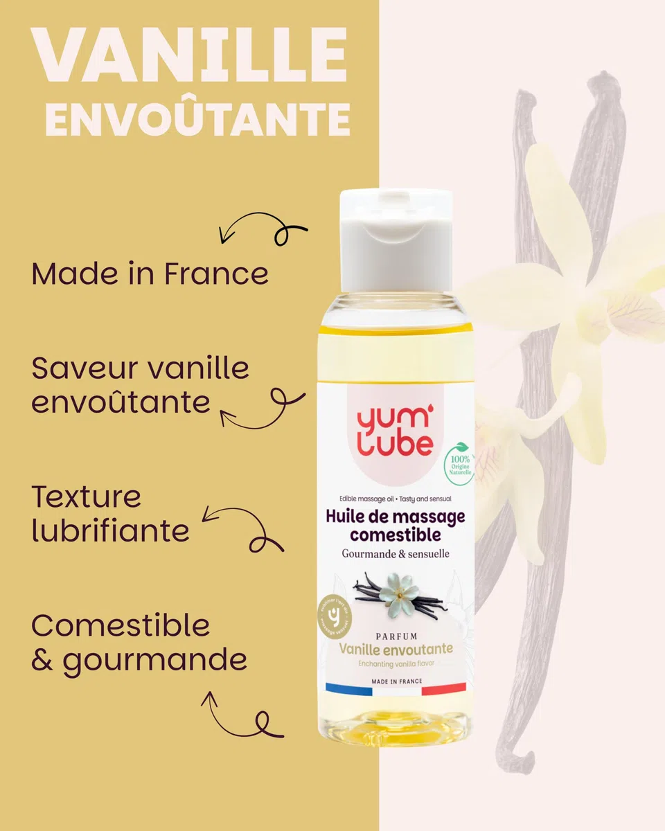 Yum'Lube | Huile de Massage Comestible Érotique Vanille - Fabriqué en France - Huile De Massage Sexuel Couple - Massages Bien-Être - Sensuel Sexuelle & Érotiques - Huiles Relaxante & Bio - 100 ML