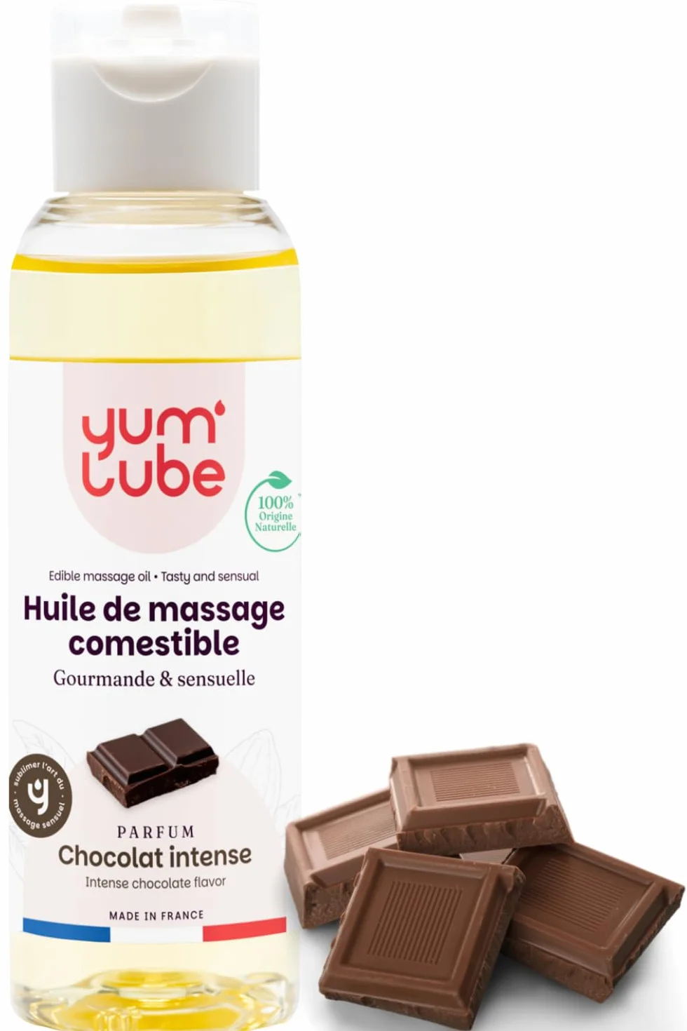 Yum'Lube | Huile de Massage Comestible Érotique Chocolat - Fabriqué en France - Huile De Massage Sexuel Couple - Massages Bien-Être - Sensuel Sexuelle & Érotiques - Huiles Relaxante & Bio - 100 ML