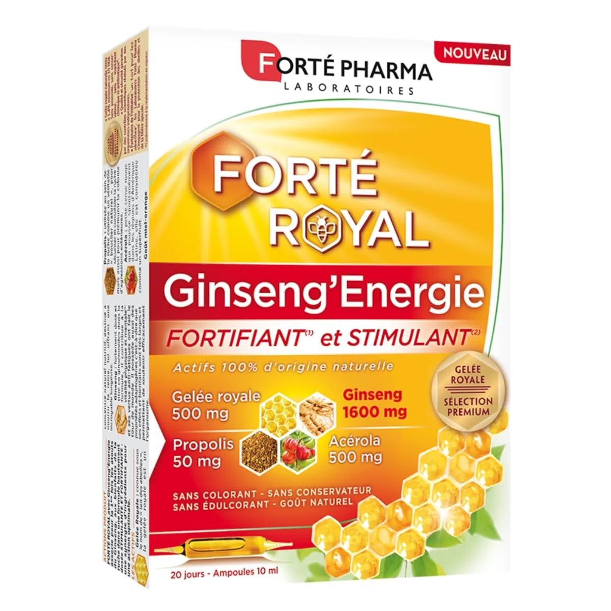 Forté Pharma - Forté Royal Ginseng'Energie | Complément Alimentaire Energie au Naturel - Ginseng, Gelée Royale, Acérola, Propolis | 20 ampoules = 20 jours