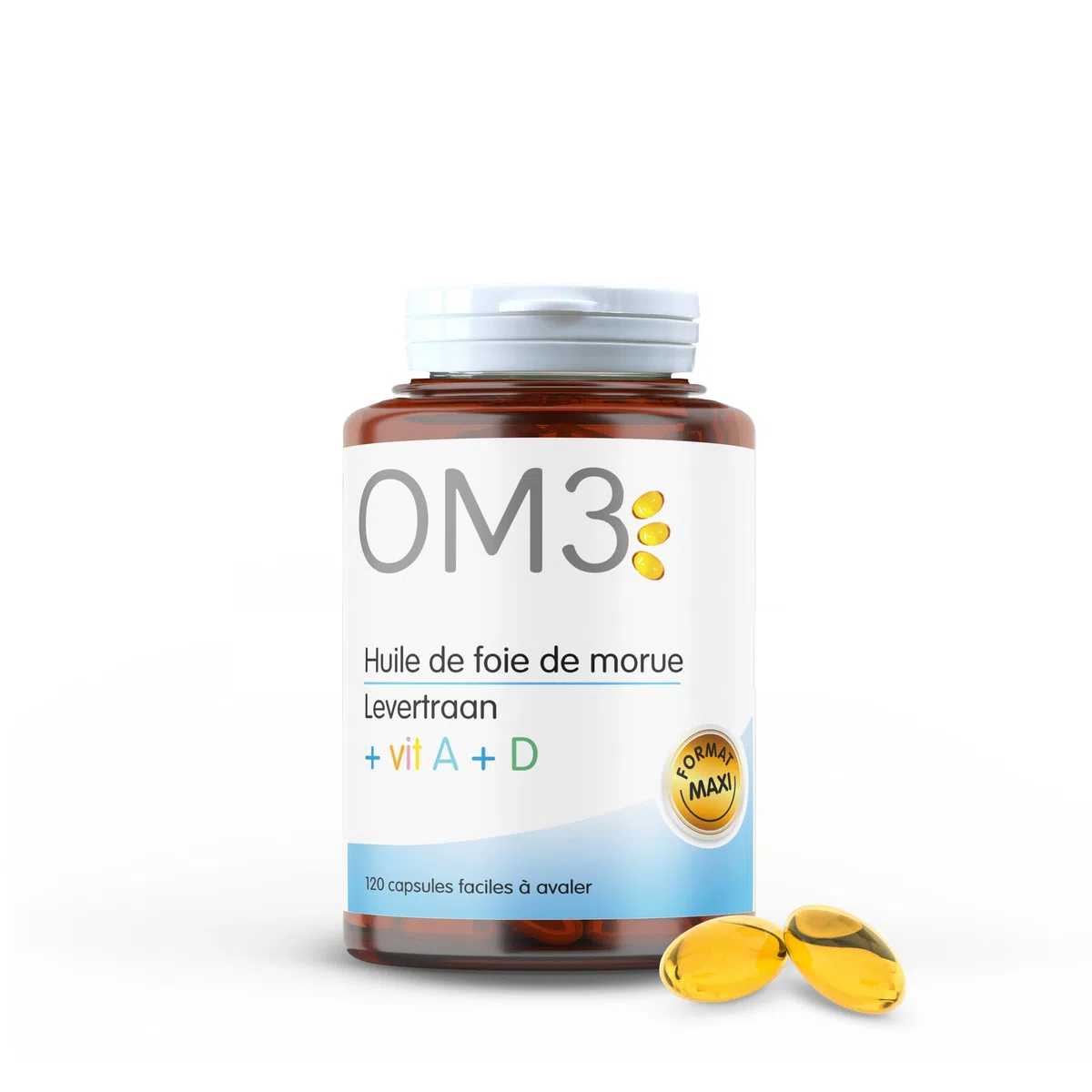 SUPERDIET OM3 Huile de foie de Morue source d'Oméga 3, Vitamines A et D - Immunité, croissance, santé osseuse - Maxi format 120 caps